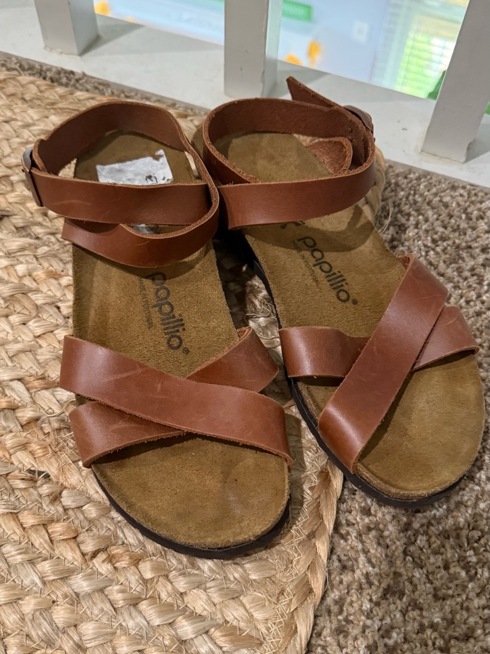 Papillio Tan Leather Crisscross Ankle Strap Sandals
